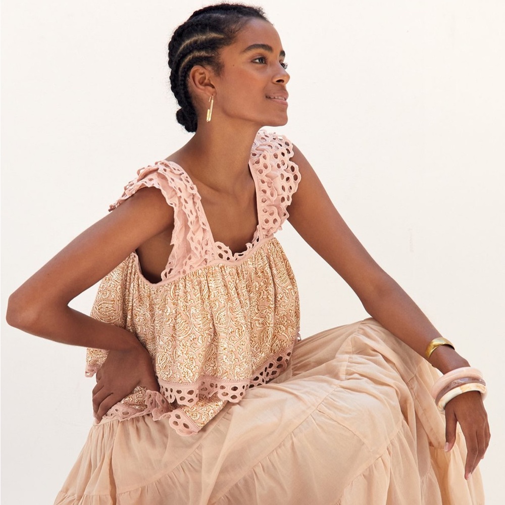 Let Me Be Eyelet Swing Top Ruffle Paisley Bohemian Peach color